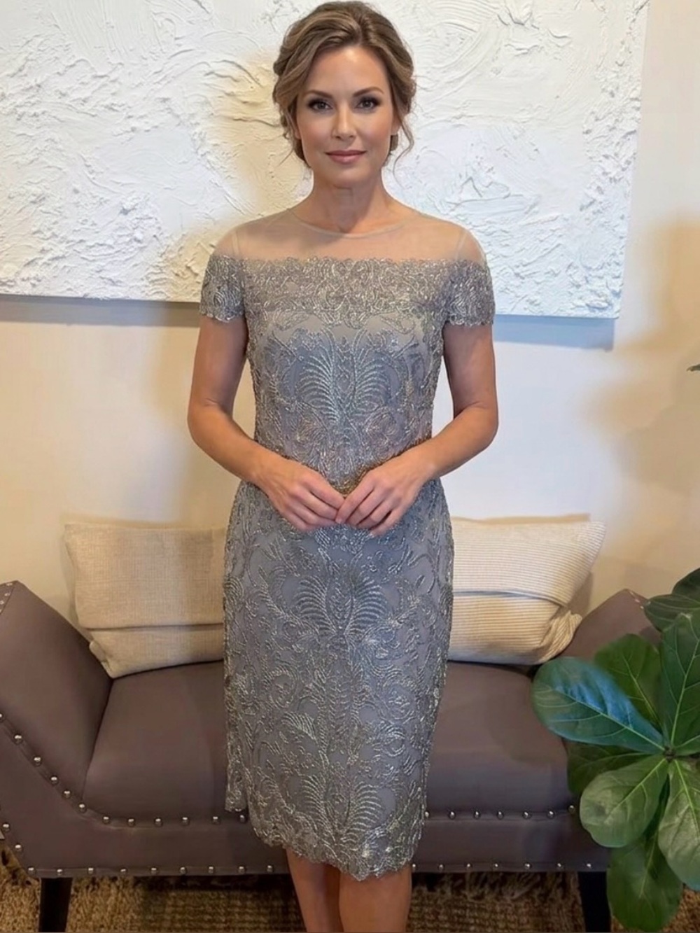 Tadashi Shoji Lace Embroidered Illusion Tulle Sheath Ash Grey Dress Sz 8